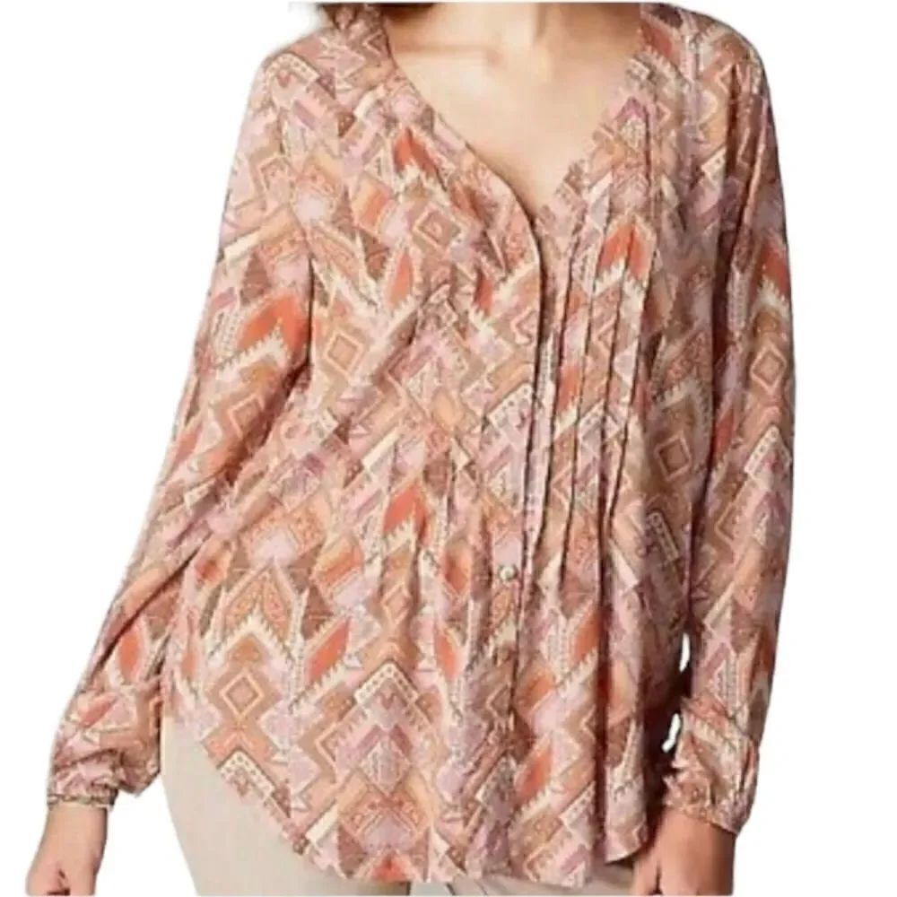 EC J.JILL PATCHWORK STYLE PLEATED BUTTON UP BLOUSE SZ.S
